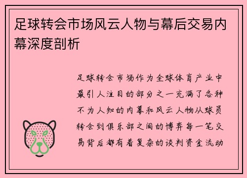 足球转会市场风云人物与幕后交易内幕深度剖析