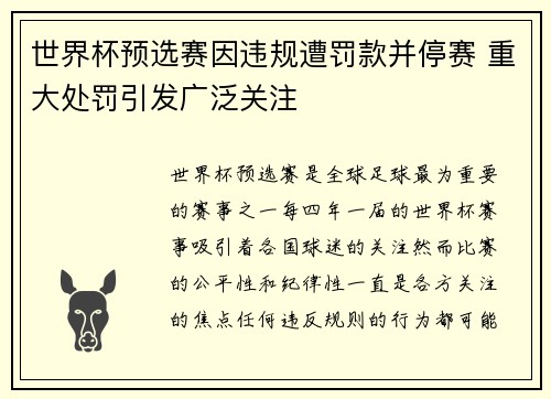 世界杯预选赛因违规遭罚款并停赛 重大处罚引发广泛关注