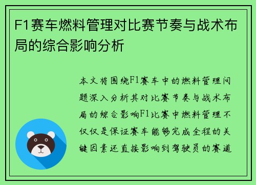 F1赛车燃料管理对比赛节奏与战术布局的综合影响分析 F1赛车燃料管理对比赛节奏与战术布局的综合影响分析
